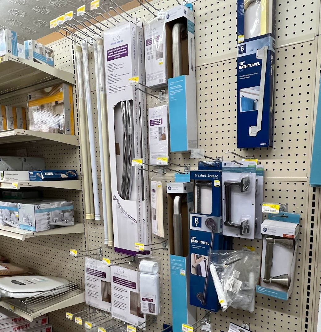 Ideal Supplies Toilet seats, faucets, curtain rods, curtains, rod hangers and curtain hangers.